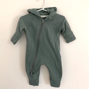 Organic hooded two-way zipper suit.